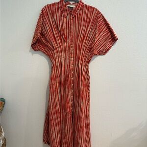 Anthropologie Red and Cream Striped Midi Shirt Dress